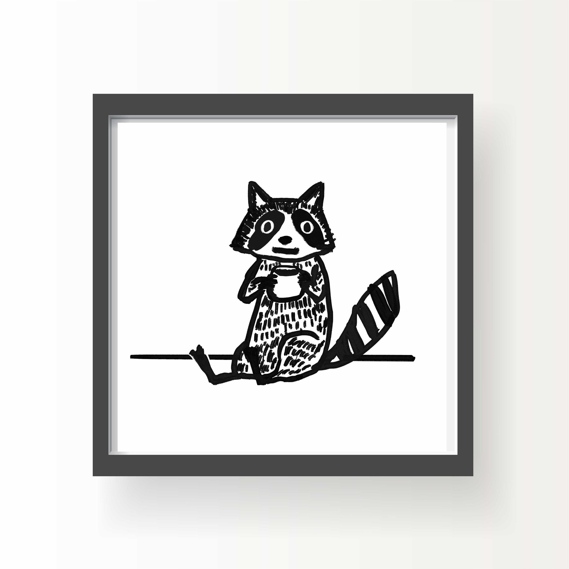 Black and white illustration of a raccoon sitting with a cup of coffee, 8x8 art print by Miss Johnny Squirrel