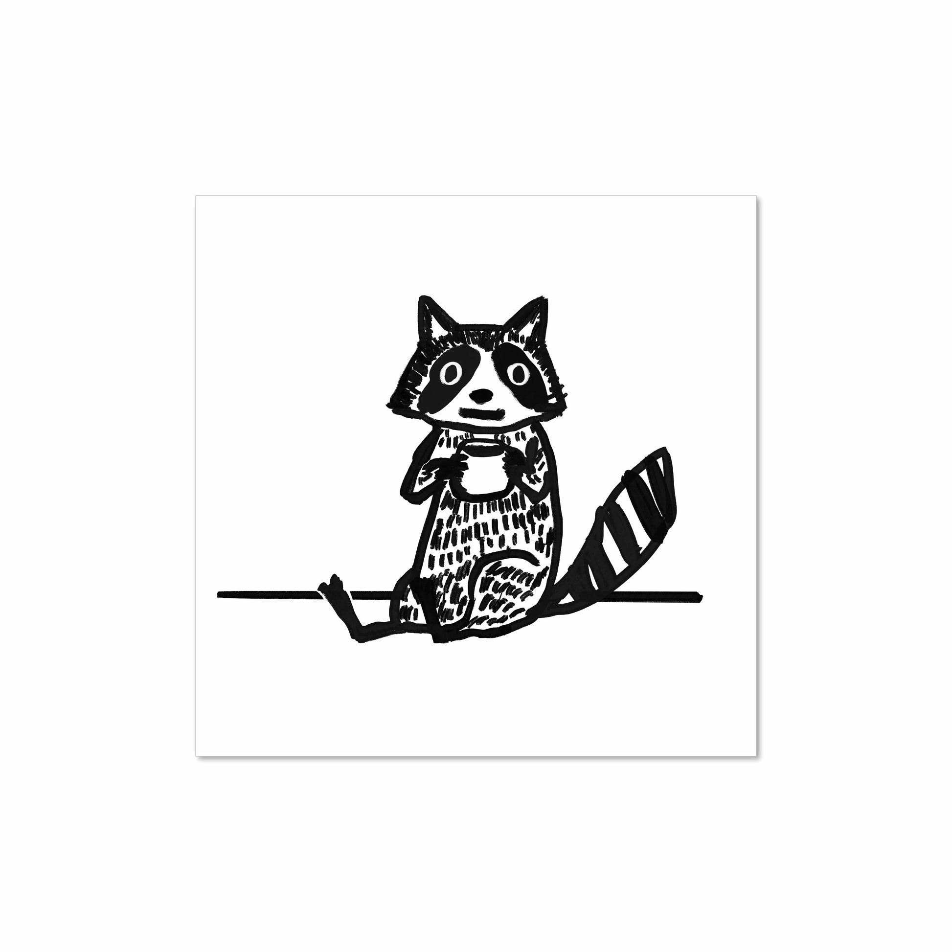 Black and white illustration of a raccoon sitting with a cup of coffee, 8x8 art print by Miss Johnny Squirrel