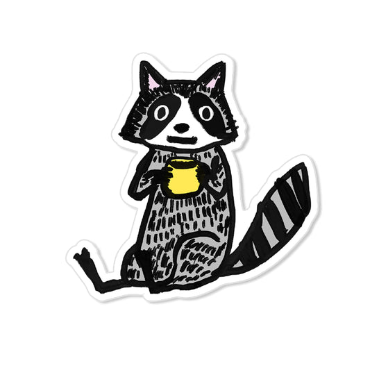 Raccoon coffee sticker with raccoon holding yellow mug, hand-drawn humorous illustration
