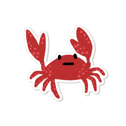 Whimsical red crab sticker with raised claws, hand-drawn sea creature illustration