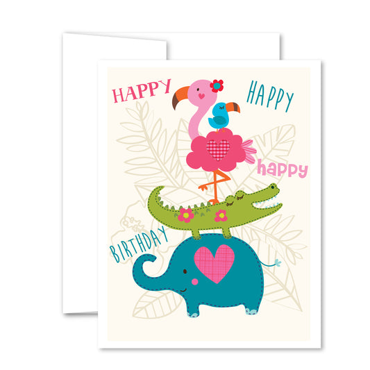 Greeting card with colorful elephant, crocodile, flamingo, and bird stacked in a playful illustration with “Happy Birthday” text.