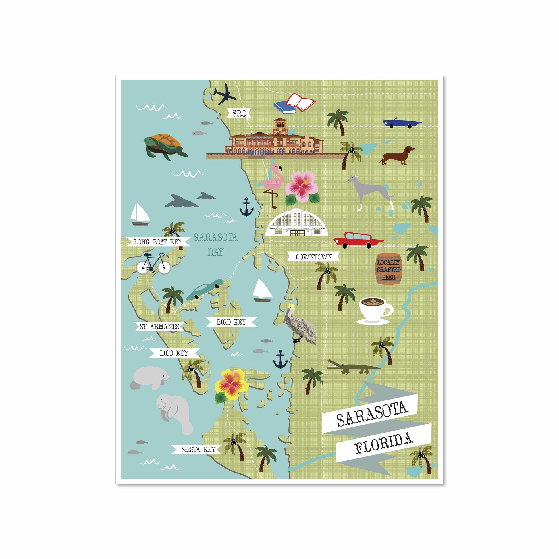 Illustrated map of Sarasota, Florida showing local landmarks, keys, animals like manatees and pelicans, and icons for coffee, craft beer, and coastal scenery.