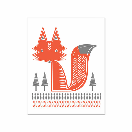 Minimal geometric illustration of a red and gray fox in Scandinavian style with tree and pattern details, 8x10 art print by Miss Johnny Squirrel