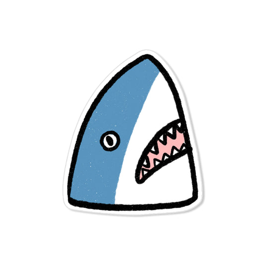Shark head sticker with wide mouth and sharp teeth, bold hand-drawn illustration