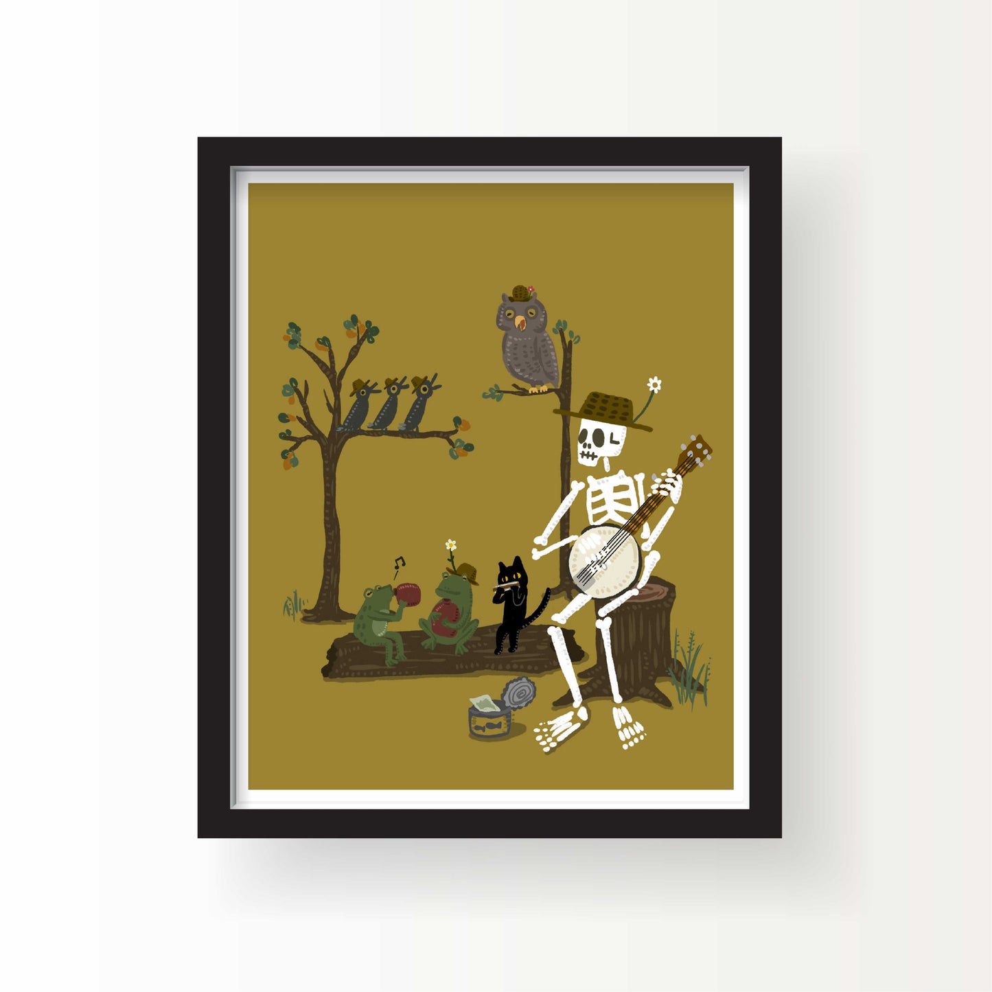 Illustration of a skeleton playing banjo among frogs, owls, and a black cat at night, with earthy colors and a whimsical folk art style.