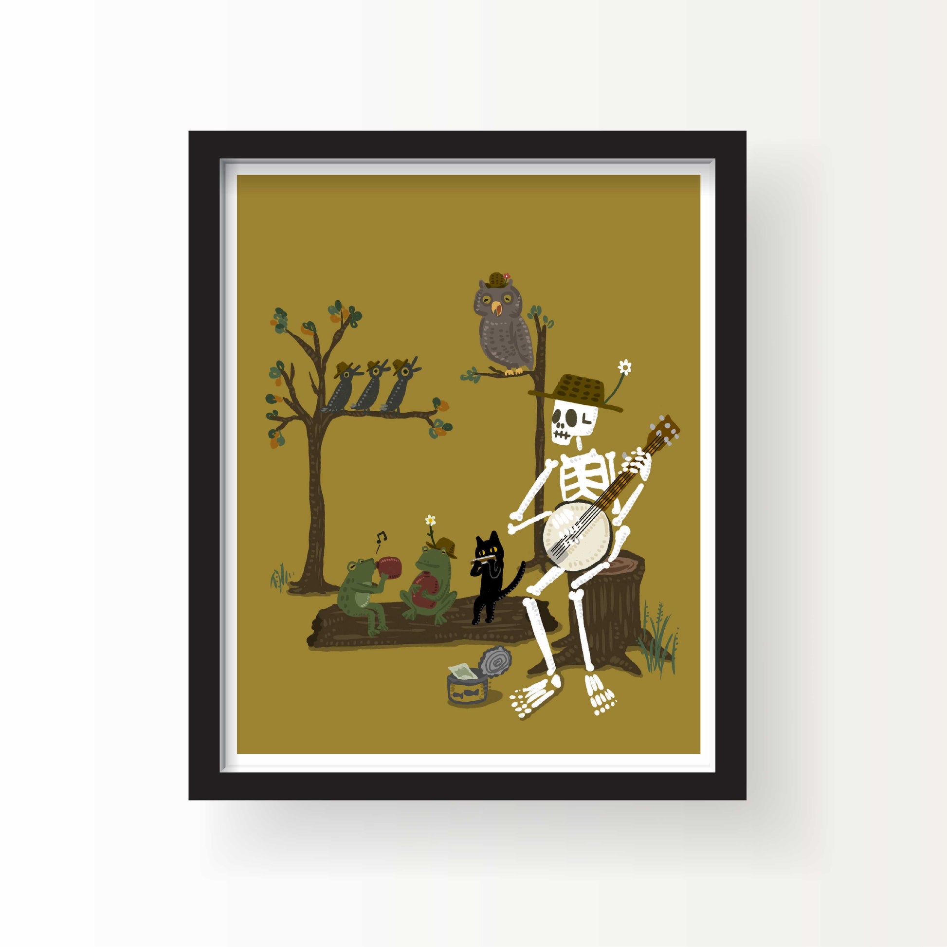 Illustration of a skeleton playing banjo among frogs, owls, and a black cat at night, with earthy colors and a whimsical folk art style.