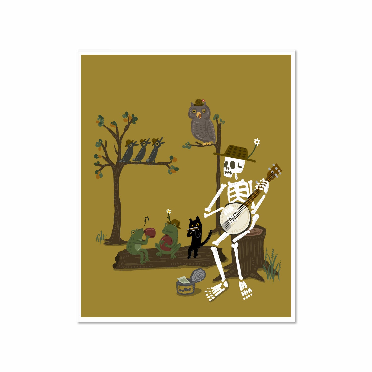 Illustration of a skeleton playing banjo among frogs, owls, and a black cat at night, with earthy colors and a whimsical folk art style.