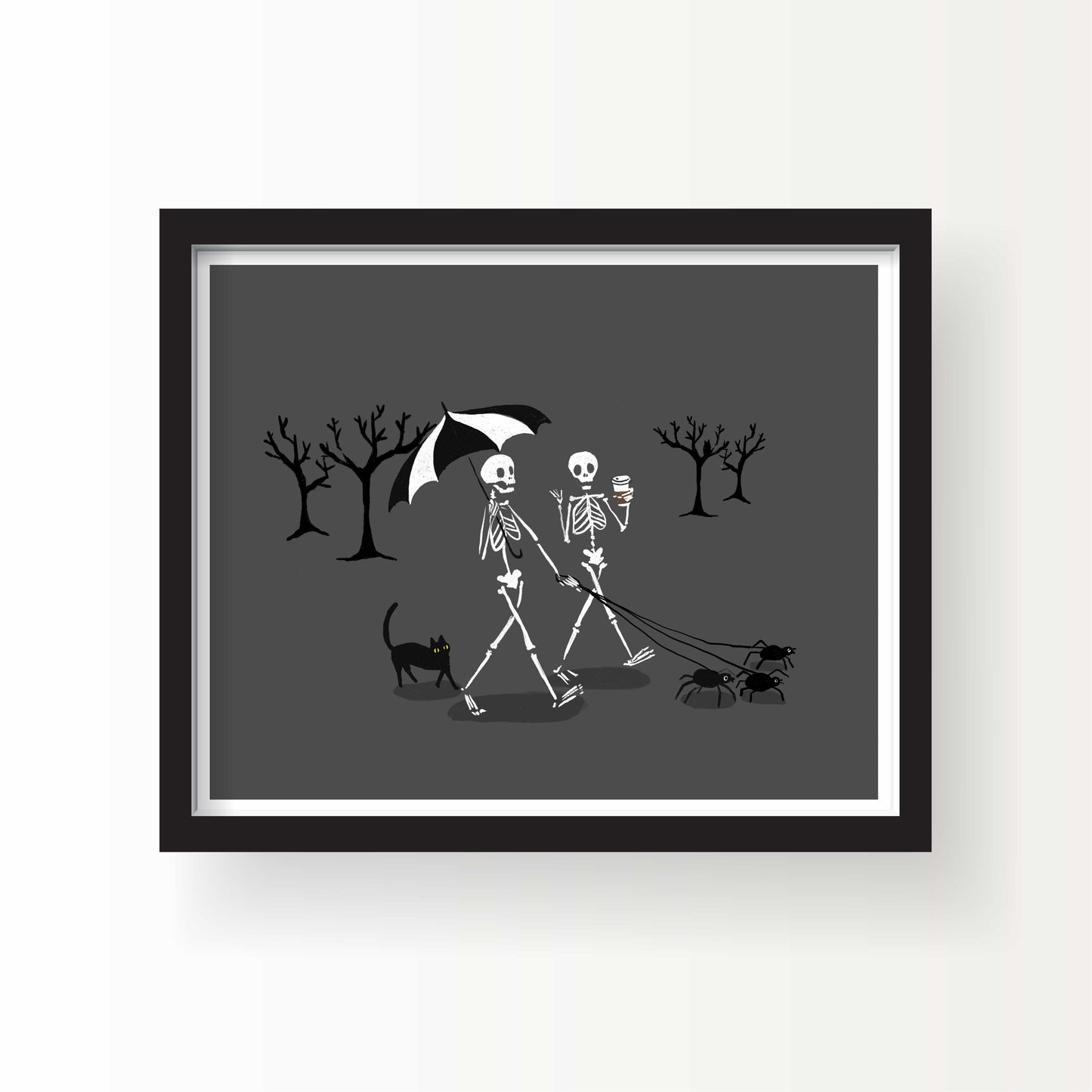 Illustration of two skeletons walking with an umbrella, a cup of coffee, leashed spiders, and a black cat in a spooky tree-filled landscape on a gray background.