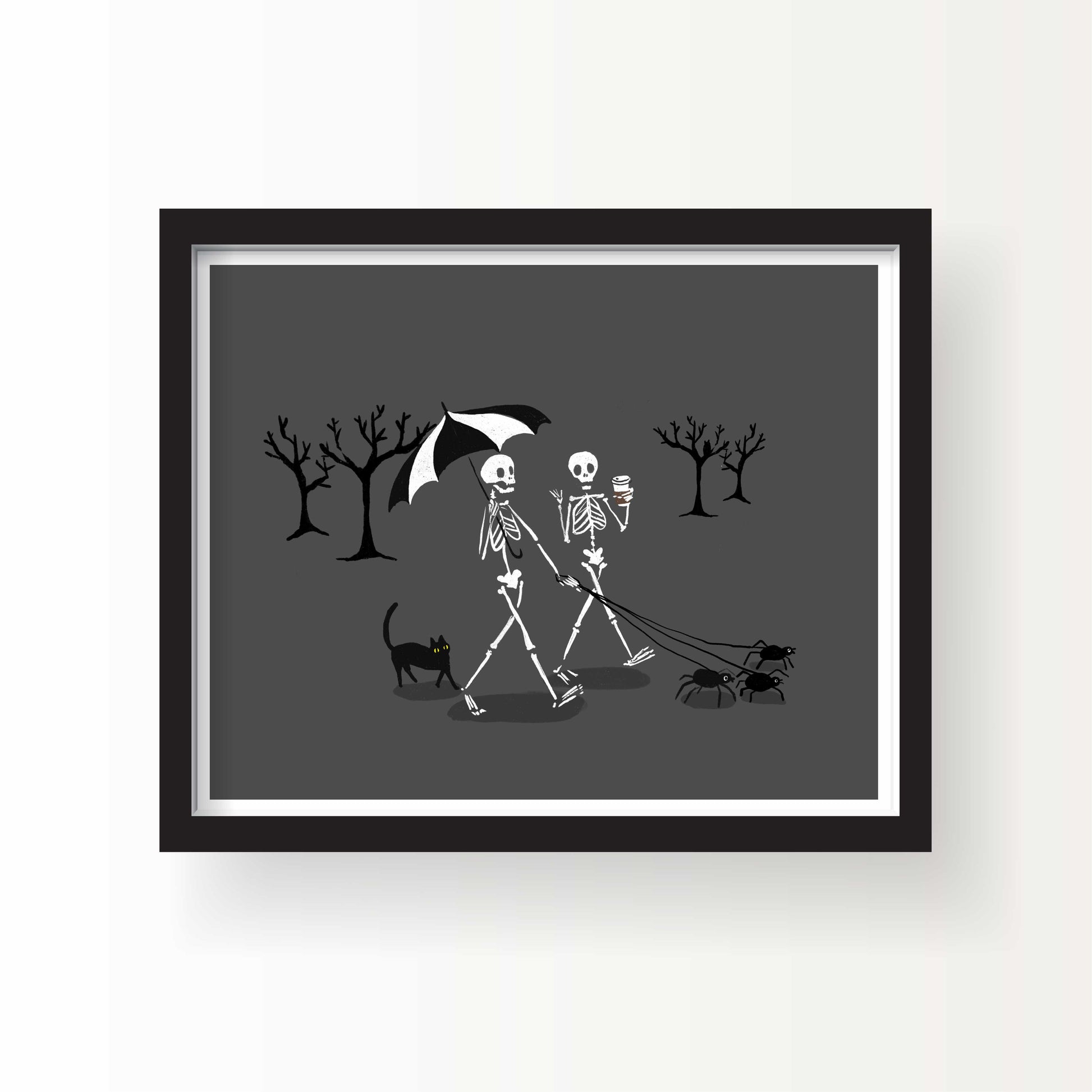 Illustration of two skeletons walking with an umbrella, a cup of coffee, leashed spiders, and a black cat in a spooky tree-filled landscape on a gray background.
