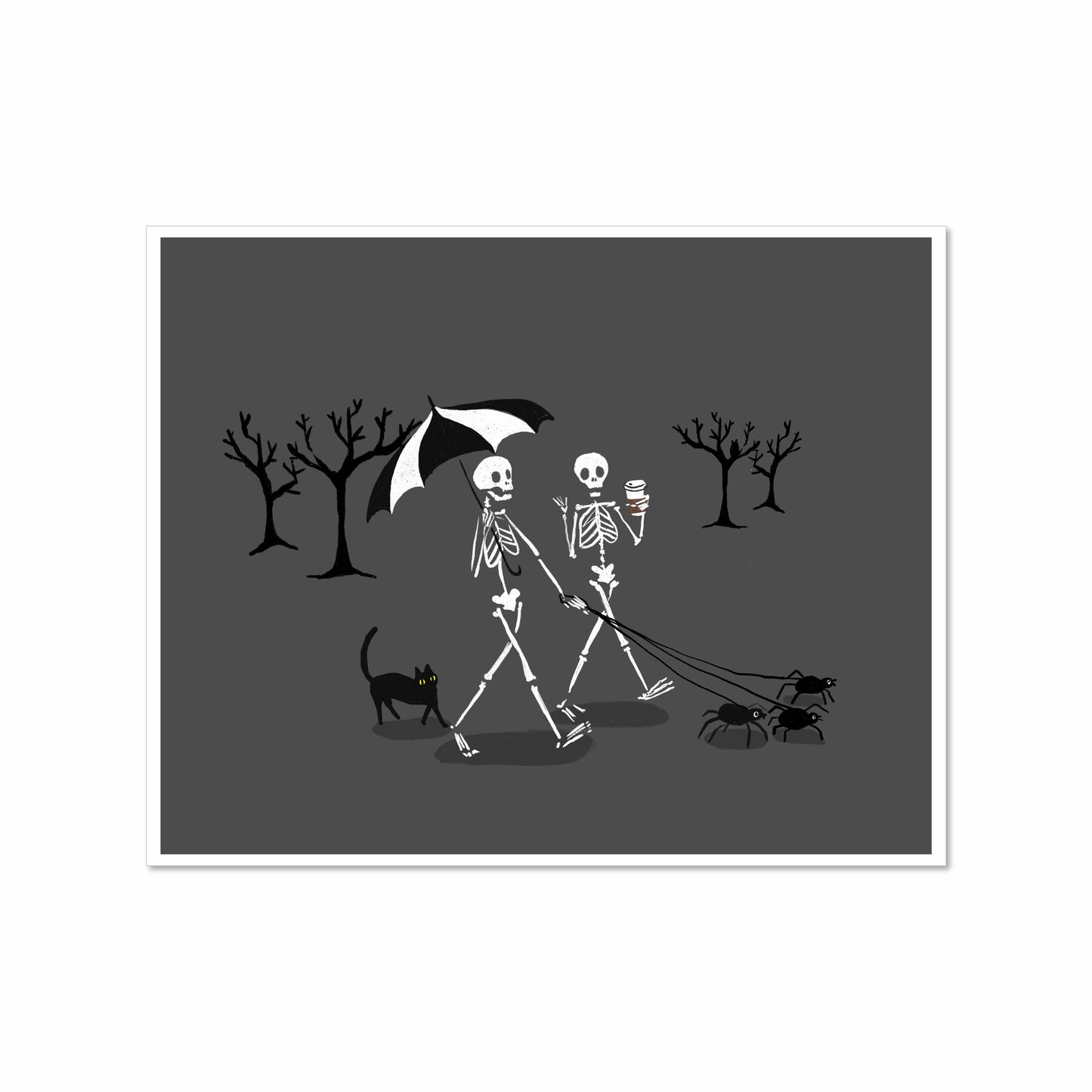 Illustration of two skeletons walking with an umbrella, a cup of coffee, leashed spiders, and a black cat in a spooky tree-filled landscape on a gray background.