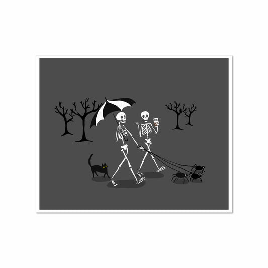 Illustration of two skeletons walking with an umbrella, a cup of coffee, leashed spiders, and a black cat in a spooky tree-filled landscape on a gray background.