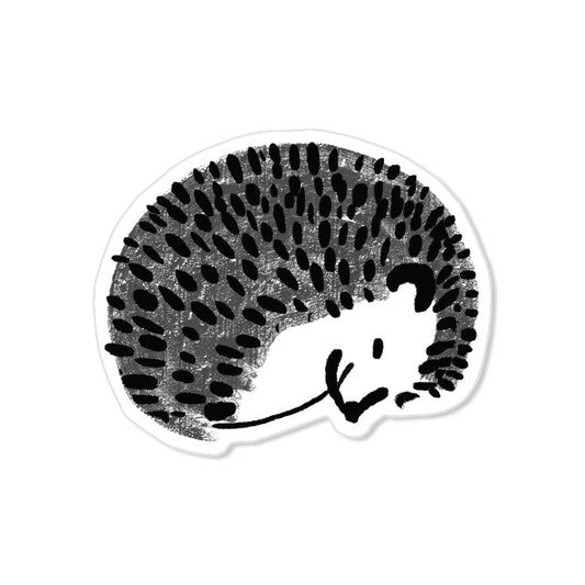 Hedgehog sticker curled in ball with bold black quills, hand-drawn woodland illustration