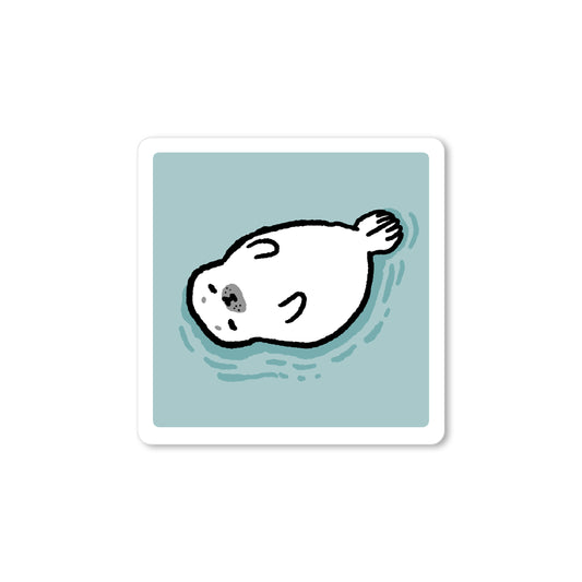 Hand-drawn white seal floating peacefully on its back in pale blue water, illustrated in a simple, playful style.