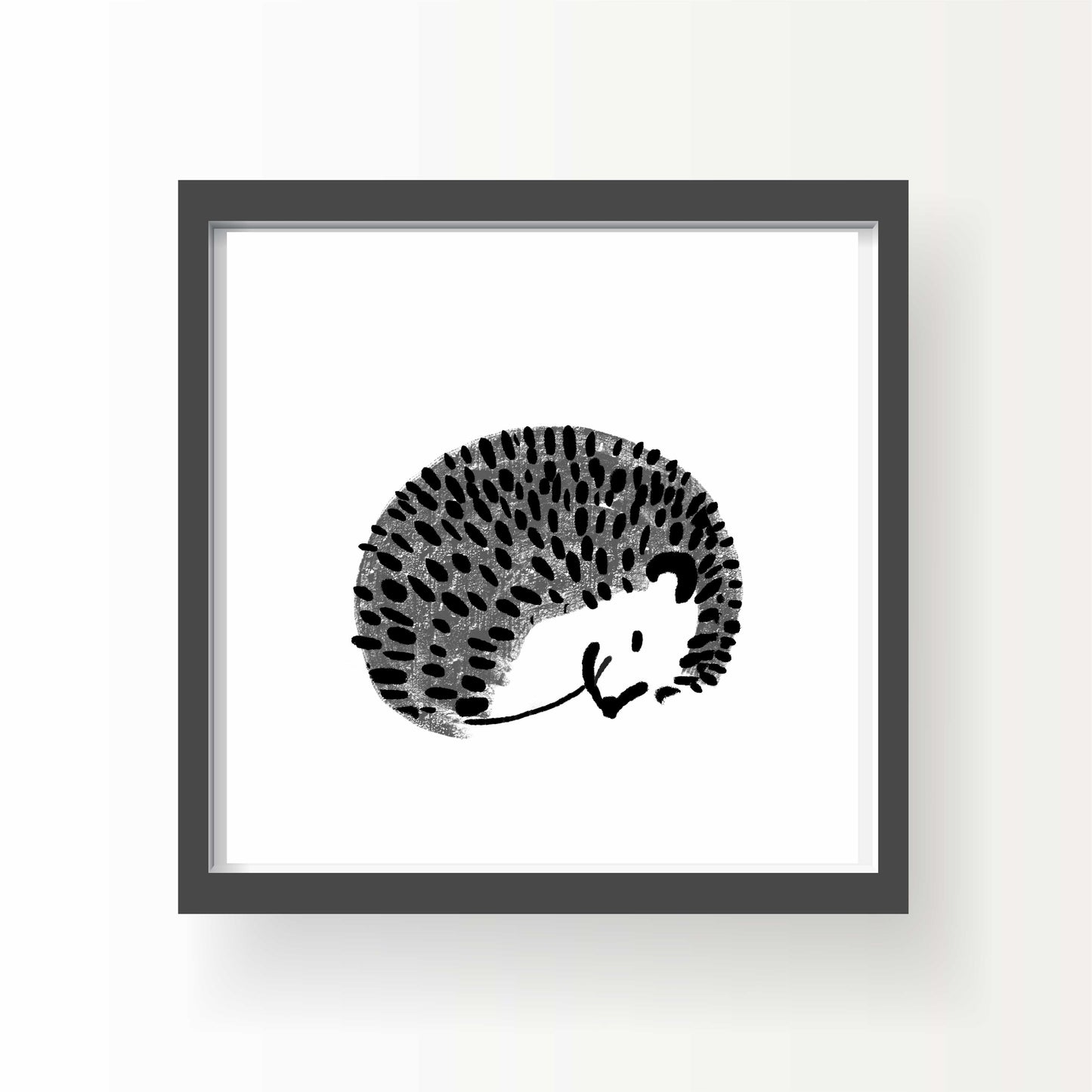 Minimal black and gray illustrated hedgehog curled up sleeping on white background, 8x8 art print by Miss Johnny Squirrel