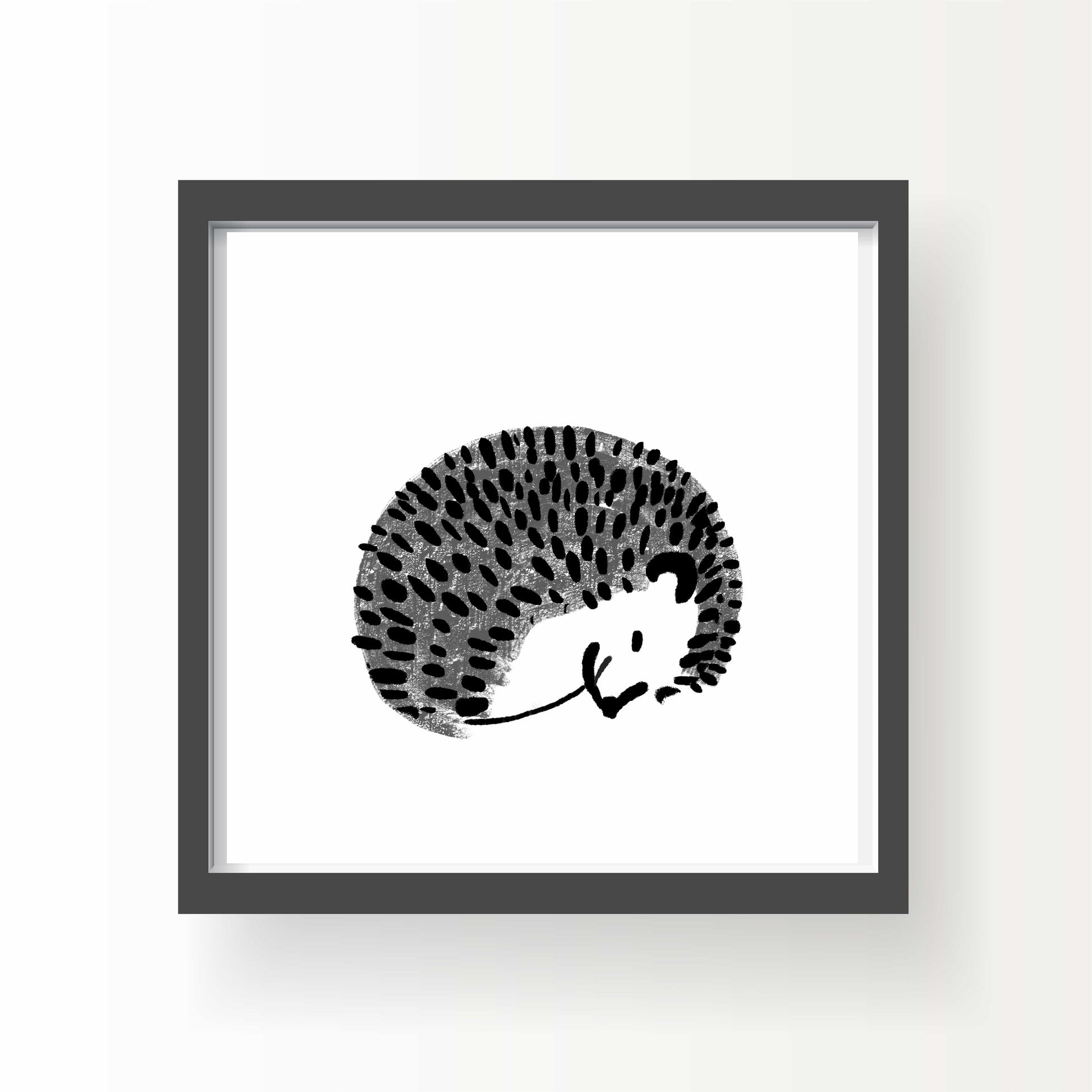 Minimal black and gray illustrated hedgehog curled up sleeping on white background, 8x8 art print by Miss Johnny Squirrel