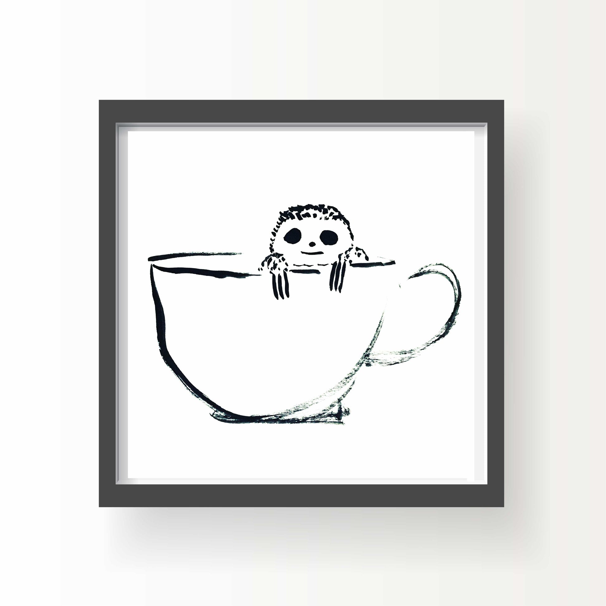 Black ink illustration of a sleepy sloth resting its paws on the edge of a large coffee cup, drawn in loose brush strokes on a white background.