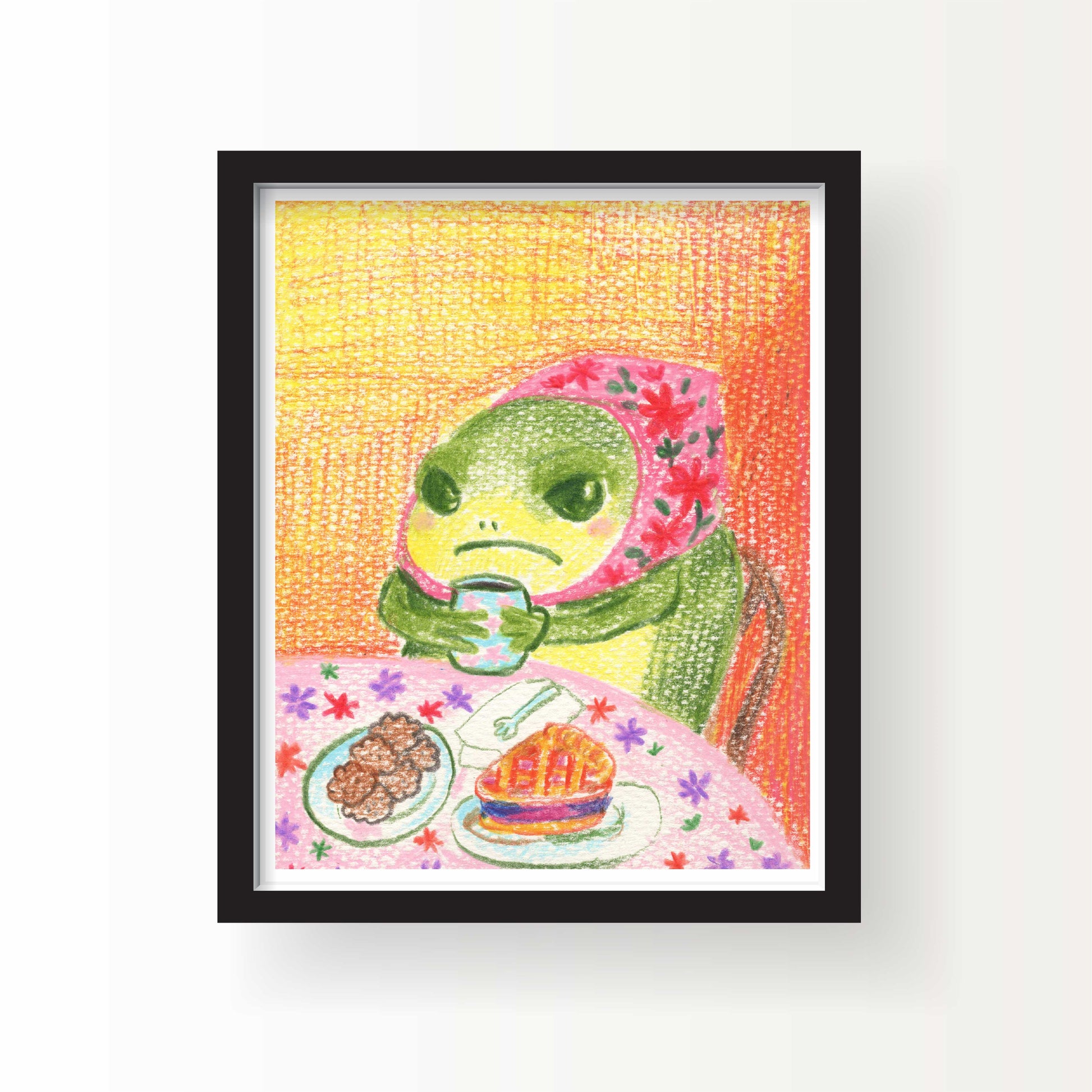 Illustration of a grumpy green frog in a red floral headscarf sitting at a table with tea, pie, and cookies, set against a warm orange background.