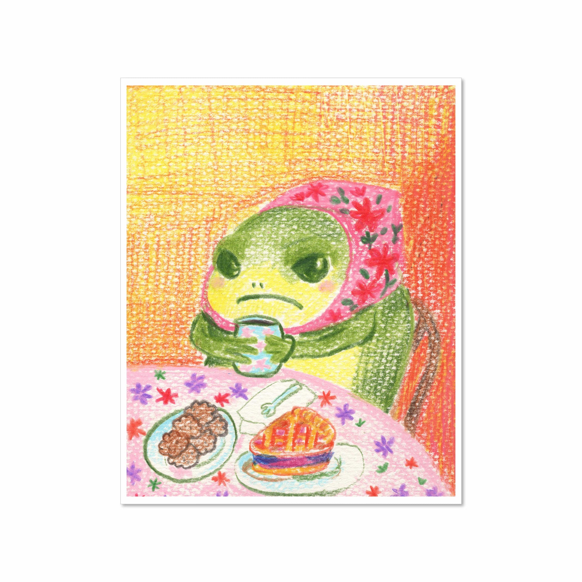 Illustration of a grumpy green frog in a red floral headscarf sitting at a table with tea, pie, and cookies, set against a warm orange background.