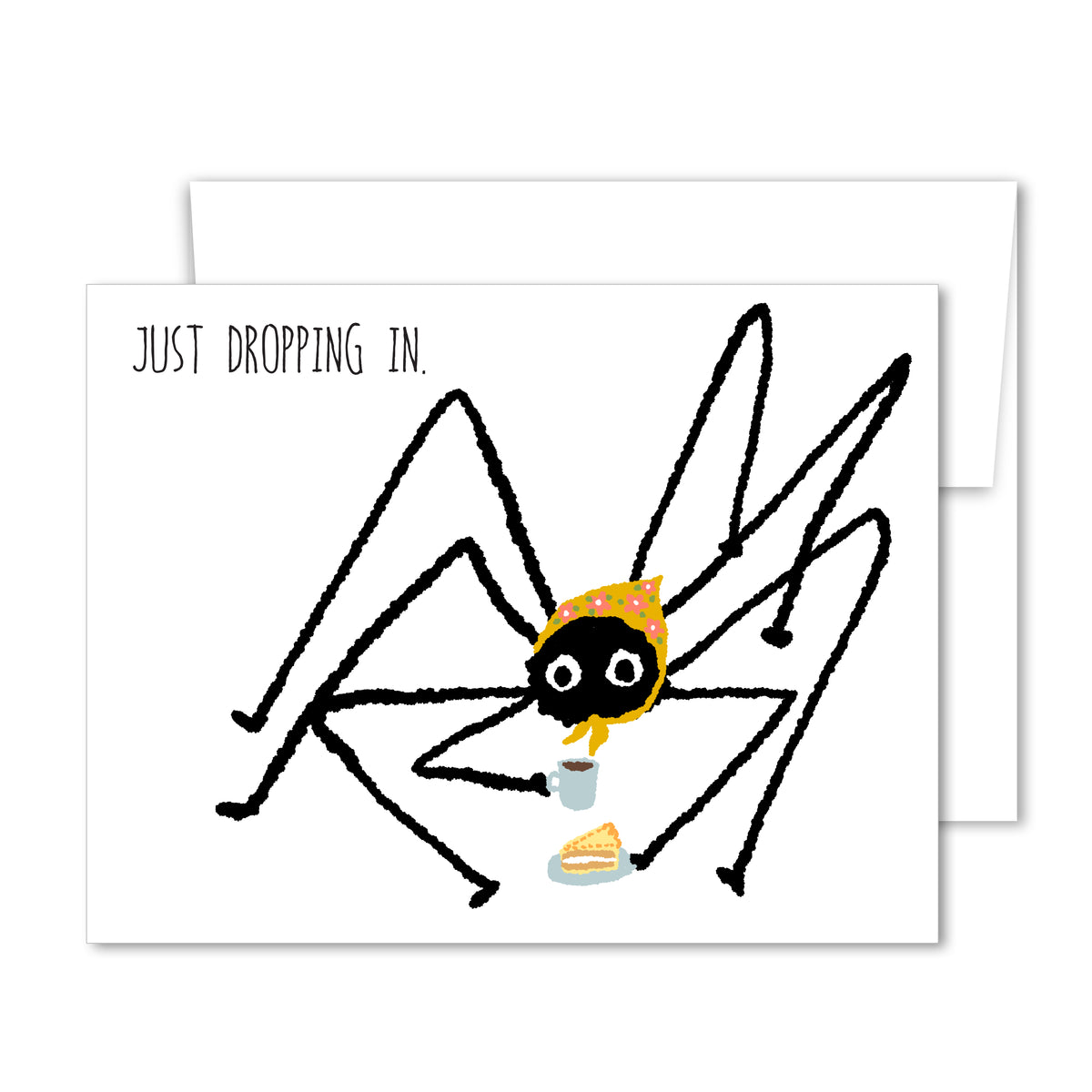 Whimsical friendship card with a hand-drawn spider in a floral headscarf enjoying coffee and cake beneath the words “Just Dropping In.”