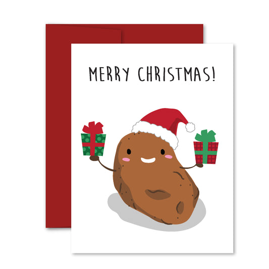 Illustrated smiling potato in Santa hat holding two Christmas presents, festive holiday greeting card