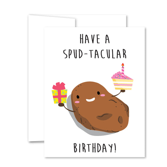 Cute illustrated potato holding a slice of birthday cake and gift with text “Have a Spud-tacular Birthday!”