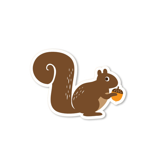 Squirrel with acorn sticker, brown squirrel holding golden acorn, hand-drawn woodland illustration