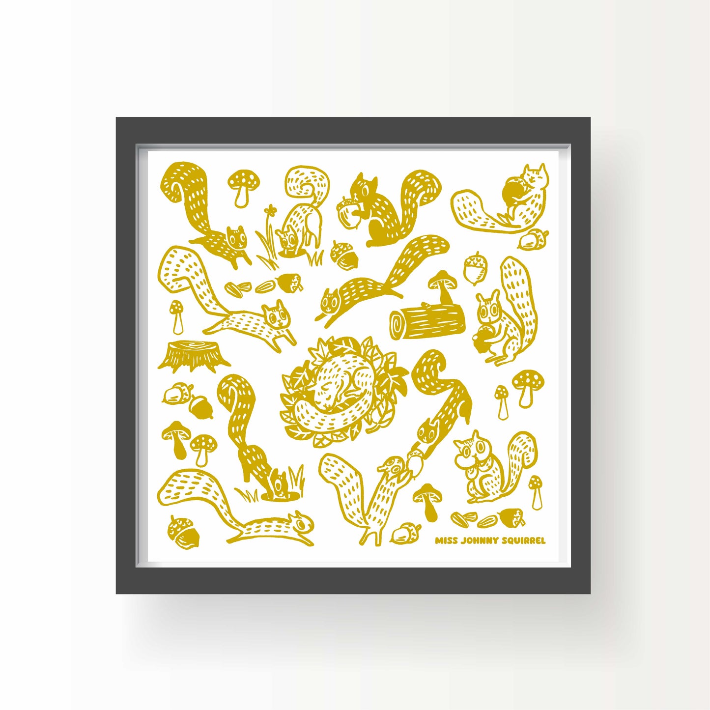 Whimsical illustration of squirrels playing, nesting, and foraging among mushrooms and acorns – yellow art on white background