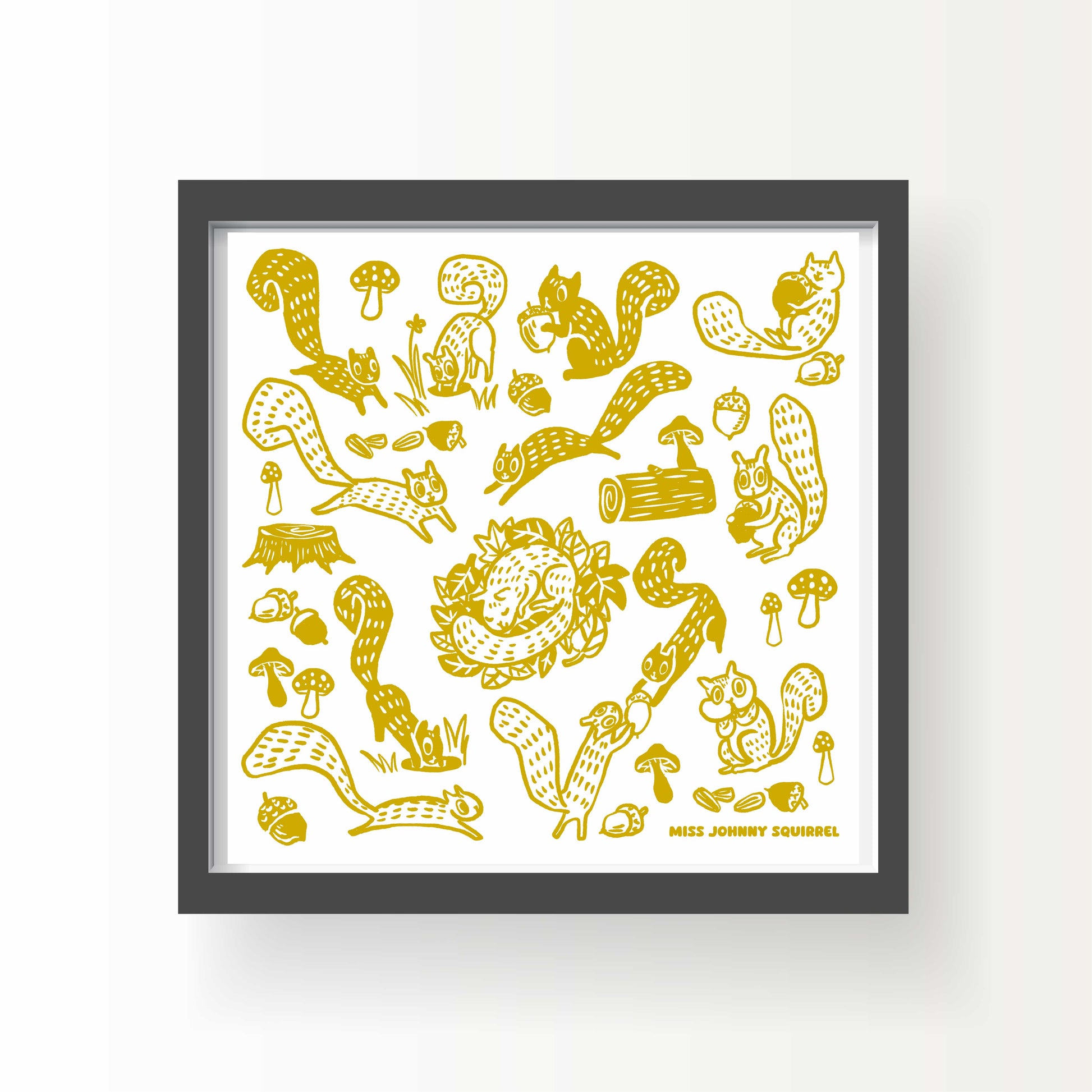 Whimsical illustration of squirrels playing, nesting, and foraging among mushrooms and acorns – yellow art on white background