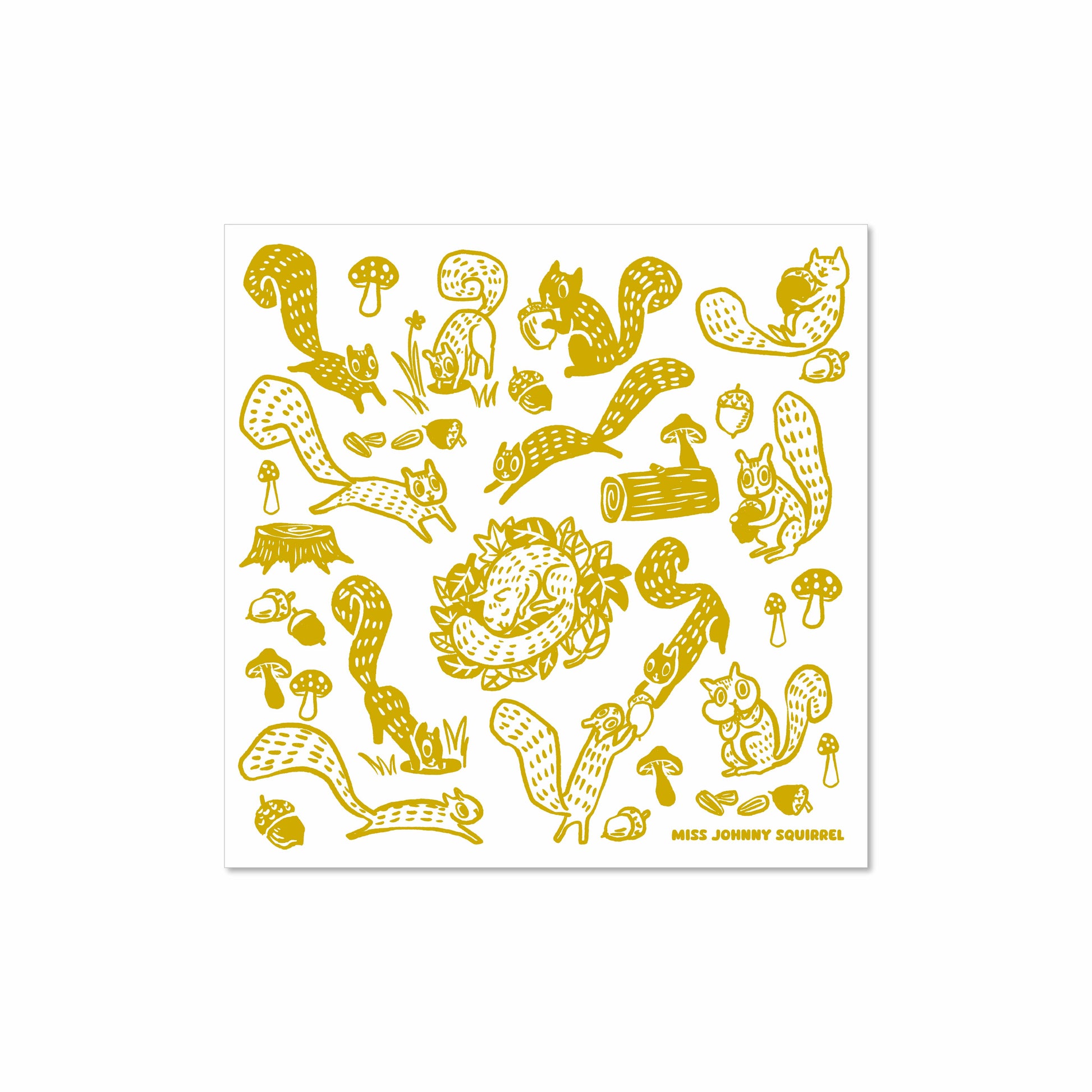 Whimsical illustration of squirrels playing, nesting, and foraging among mushrooms and acorns – yellow art on white background