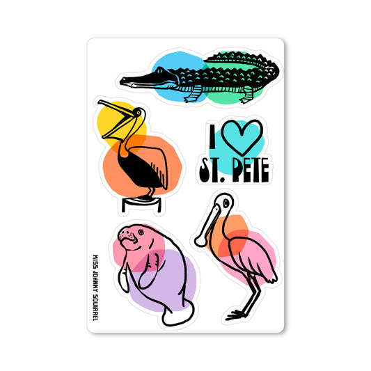 St. Pete sticker sheet with alligator, pelican, manatee, spoonbill, and I heart St. Pete design.