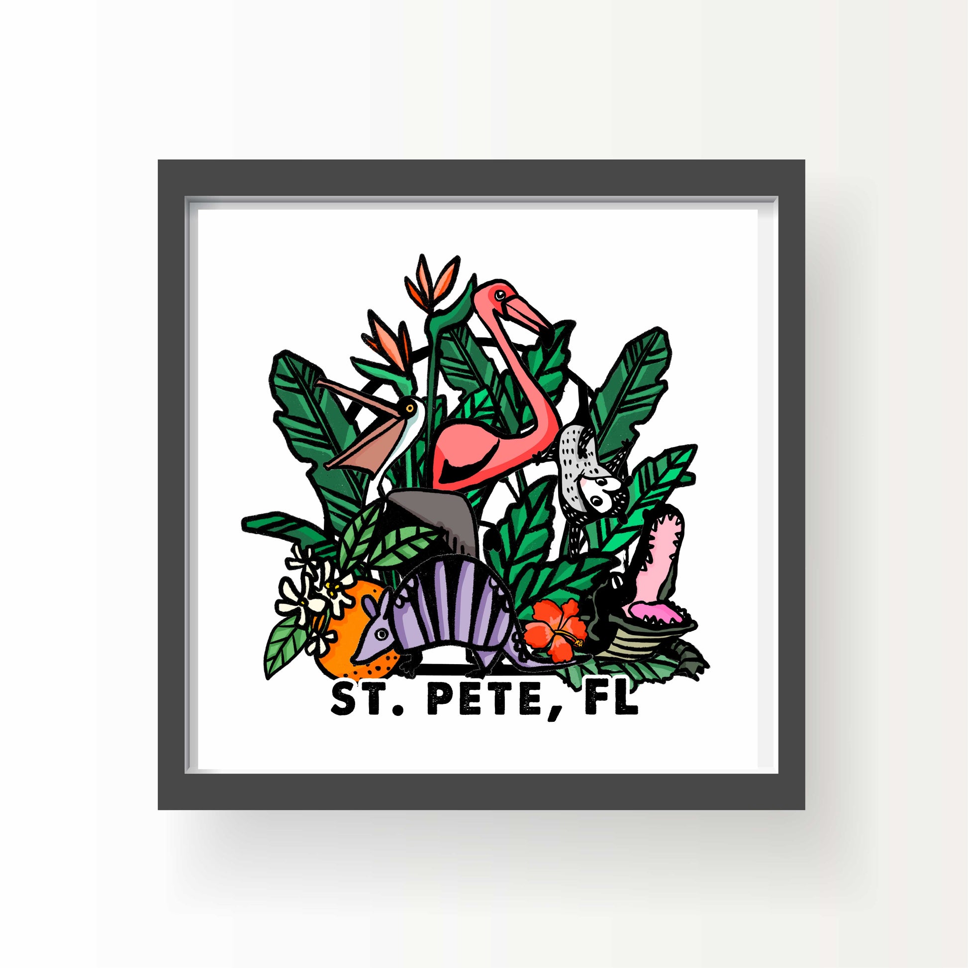Colorful illustration of Florida animals and plants including flamingo, pelican, gator, possum and armadillo, with text “St. Pete, FL,” 8x8 art print by Miss Johnny Squirrel