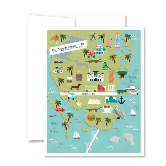 Illustrated St. Petersburg Florida greeting card with city map and local icons, including animals, landmarks, and coastal scenery