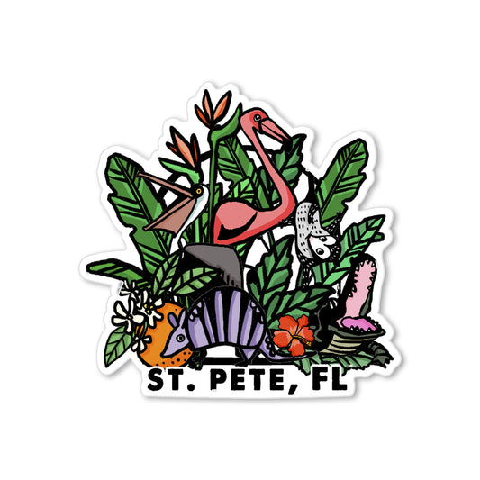 St. Pete FL sticker with flamingo, pelican, armadillo, gator, opossum, tropical plants and flowers, colorful illustration