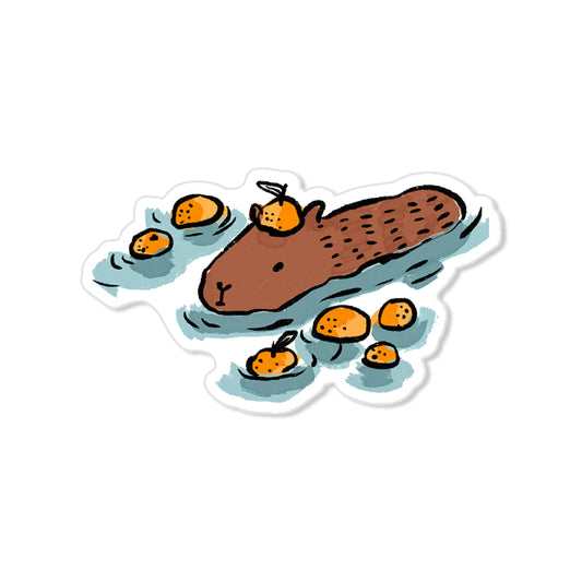 Whimsical capybara sticker swimming with oranges, hand-drawn illustration
