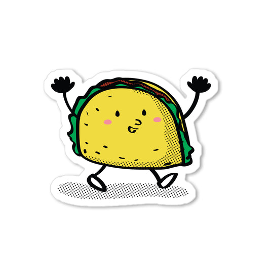 Taco sticker with smiling taco raising arms, humorous hand-drawn food illustration