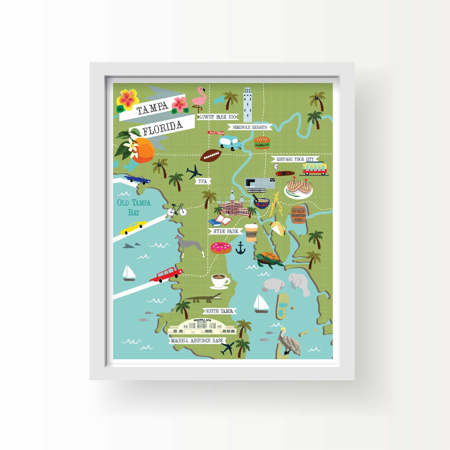 Illustrated map of Tampa, Florida featuring local landmarks like Hyde Park, TPA airport, manatees, coffee, Cuban sandwiches, and palm trees on a green and blue map.
