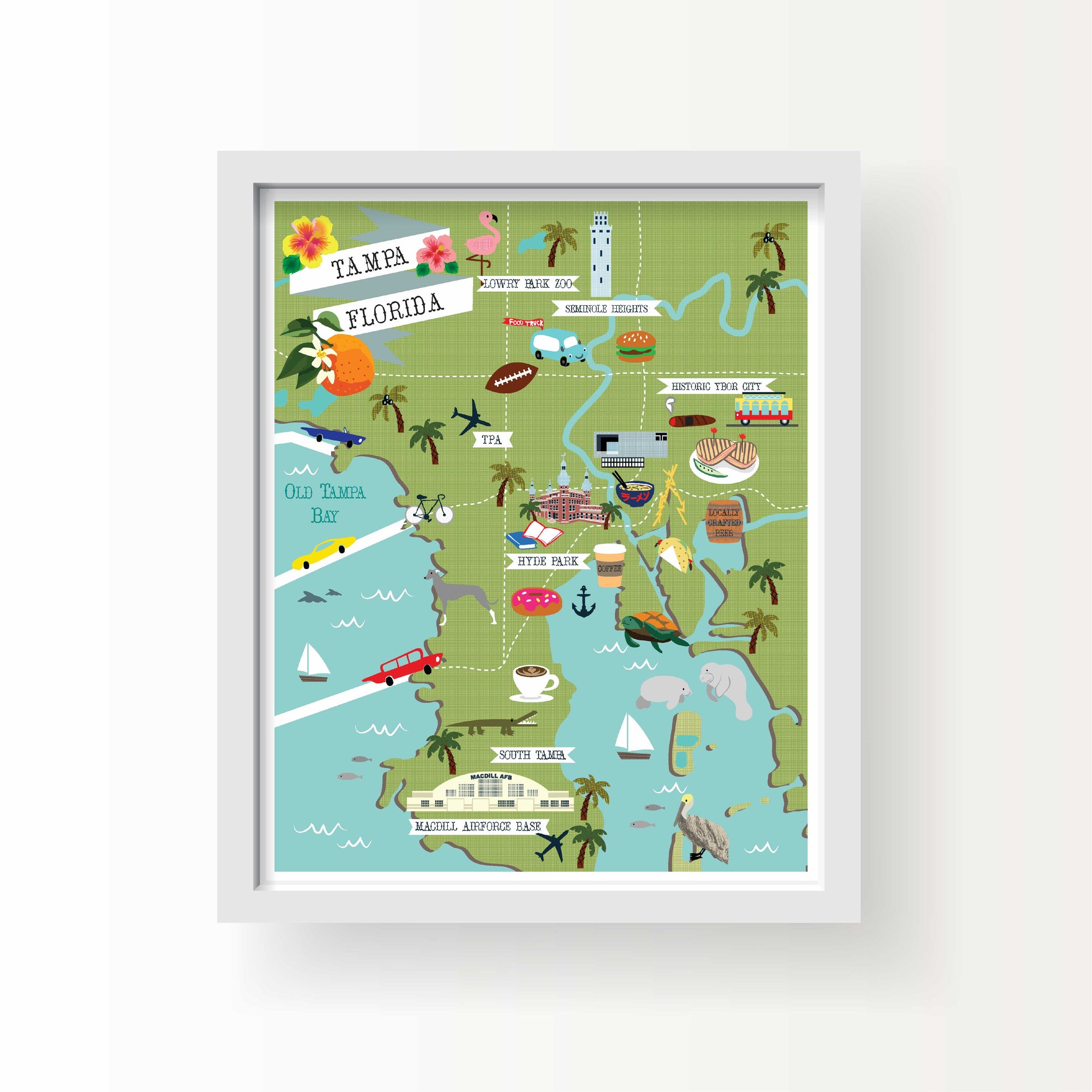 Illustrated map of Tampa, Florida featuring local landmarks like Hyde Park, TPA airport, manatees, coffee, Cuban sandwiches, and palm trees on a green and blue map.