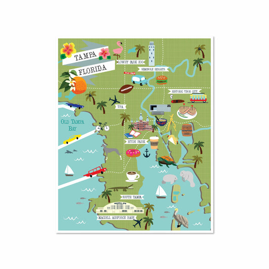 Illustrated map of Tampa, Florida featuring local landmarks like Hyde Park, TPA airport, manatees, coffee, Cuban sandwiches, and palm trees on a green and blue map.