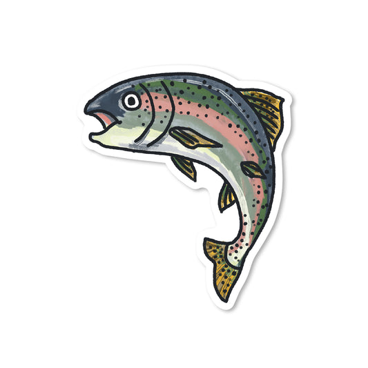 Trout sticker with rainbow colors and speckled fins, hand-drawn fish illustration