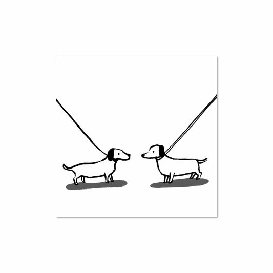 8x8 art print of two dachshunds on leashes facing each other, minimalist black-and-white dog illustration