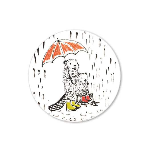 Sticker of two beavers in colorful rain boots sharing an umbrella in the rain, hand-drawn illustration style.
