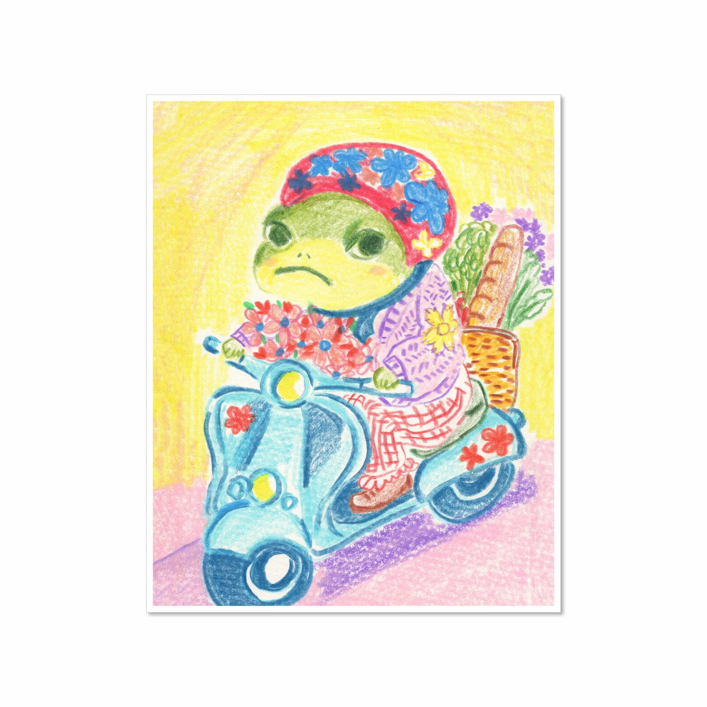 Whimsical colored-pencil illustration of a green frog wearing a red floral headscarf riding a blue scooter with flowers, bread, and vegetables in a basket against a sunny yellow and pink background.