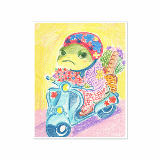 Whimsical colored-pencil illustration of a green frog wearing a red floral headscarf riding a blue scooter with flowers, bread, and vegetables in a basket against a sunny yellow and pink background.