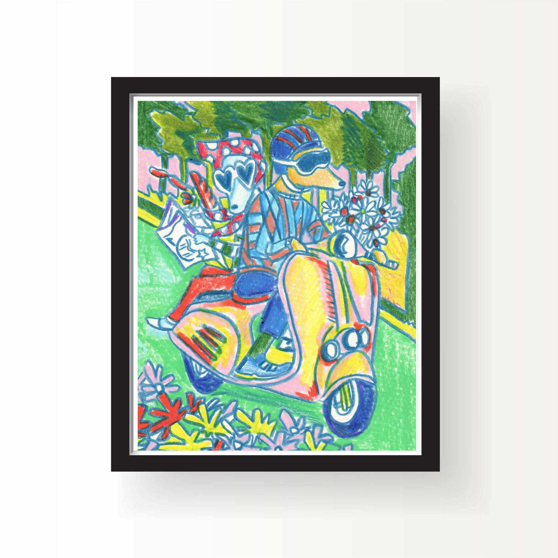 Whimsical colored-pencil illustration of two dogs riding a colorful Vespa through flowers and green trees, with one dog wearing sunglasses and a helmet and the other wearing a red spotted scarf.