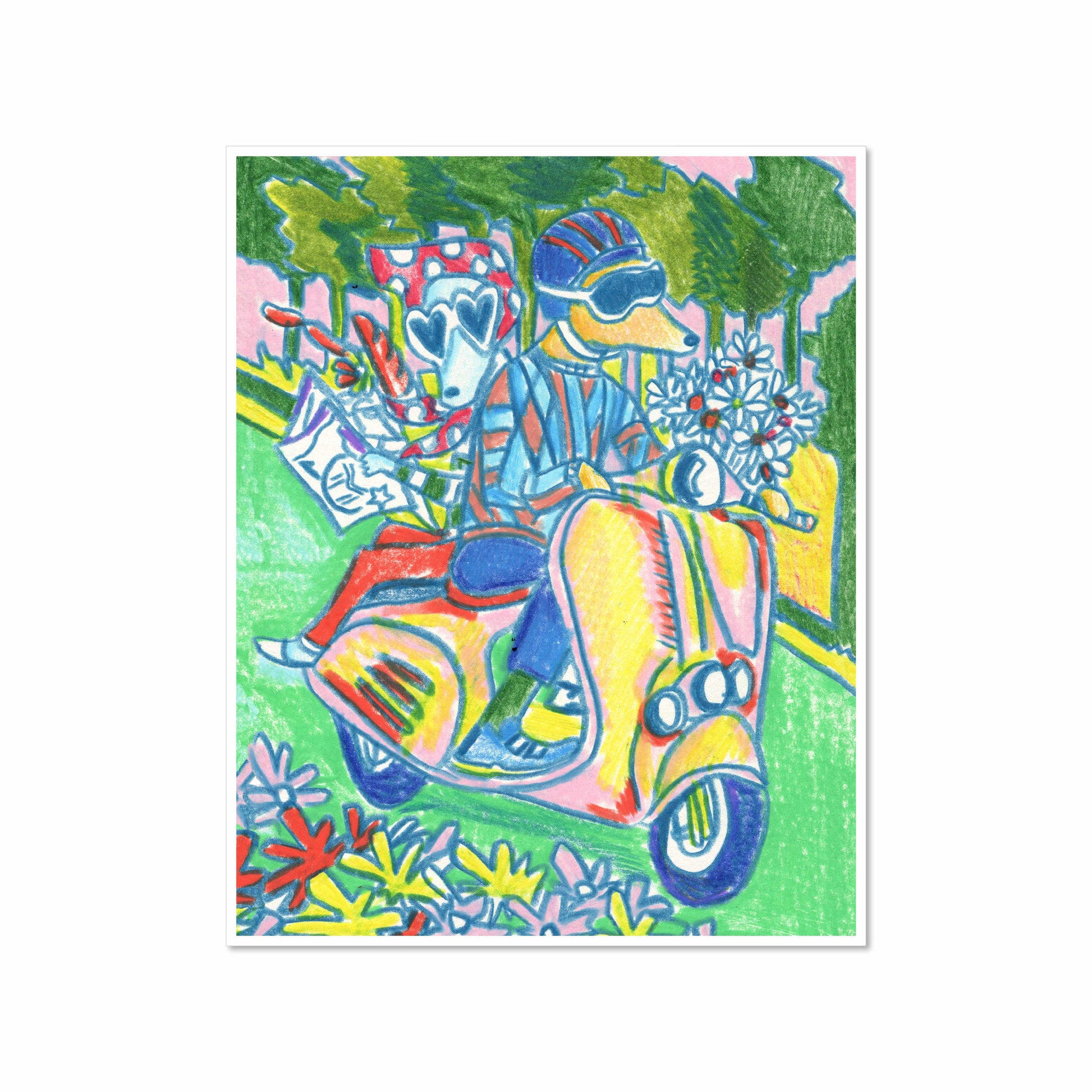 Whimsical colored-pencil illustration of two dogs riding a colorful Vespa through flowers and green trees, with one dog wearing sunglasses and a helmet and the other wearing a red spotted scarf.