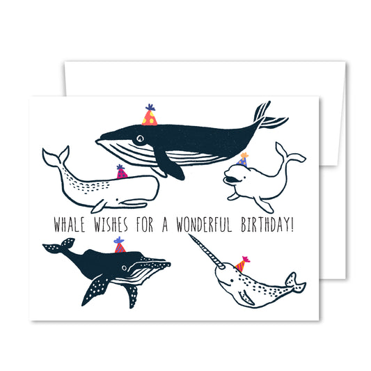 Whale birthday greeting card with illustrated whales and narwhal in party hats.