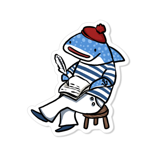 Whimsical whale shark sticker in striped sailor shirt and red beret, writing in notebook with quill