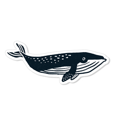 Whale sticker with dark blue body, dotted back, and striped fins, hand-drawn sea creature illustration