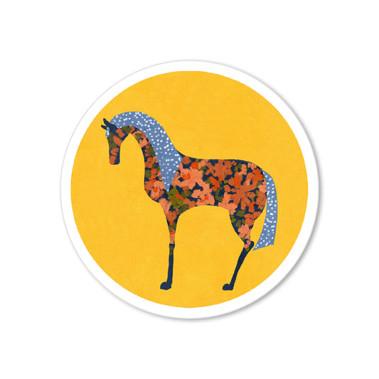 Illustrated wild horse art sticker with floral body and blue accents on yellow circle background, folk-inspired design.