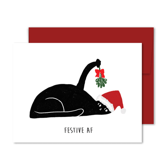 Greeting card with black cat illustration wearing a Santa hat, holding mistletoe with its tail, and text “Festive AF.”
